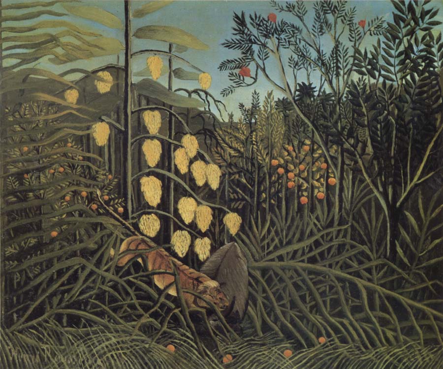 Henri Rousseau In a Tropical Forest.Struggle between Tiger and Bull